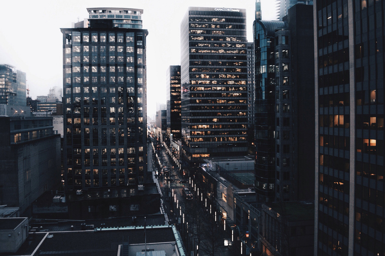 Looking down Granville Street from the roof of the Rogers Building by Alex Costin