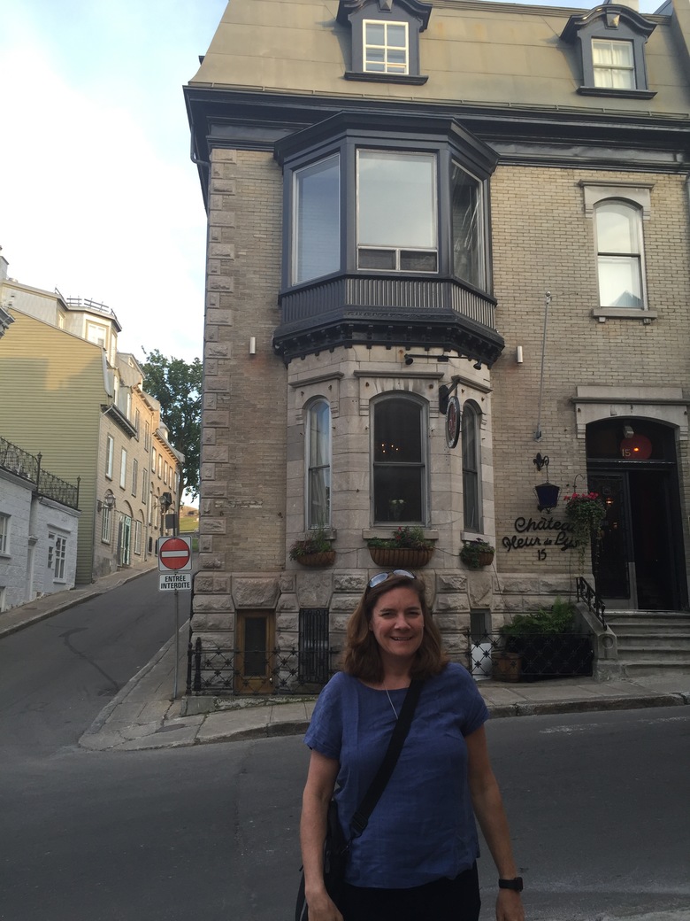 Julie outside our hotel Chateau Fleur de Lys in Old Quebec